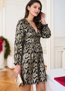 New Motus Boutique Robe Ophélie ImpriméDoréFondNoir-RobeOphélie